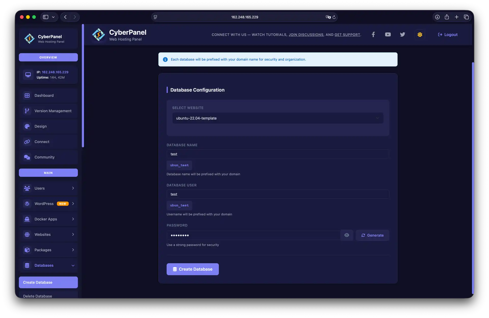 Создание базы данных в CyberPanel