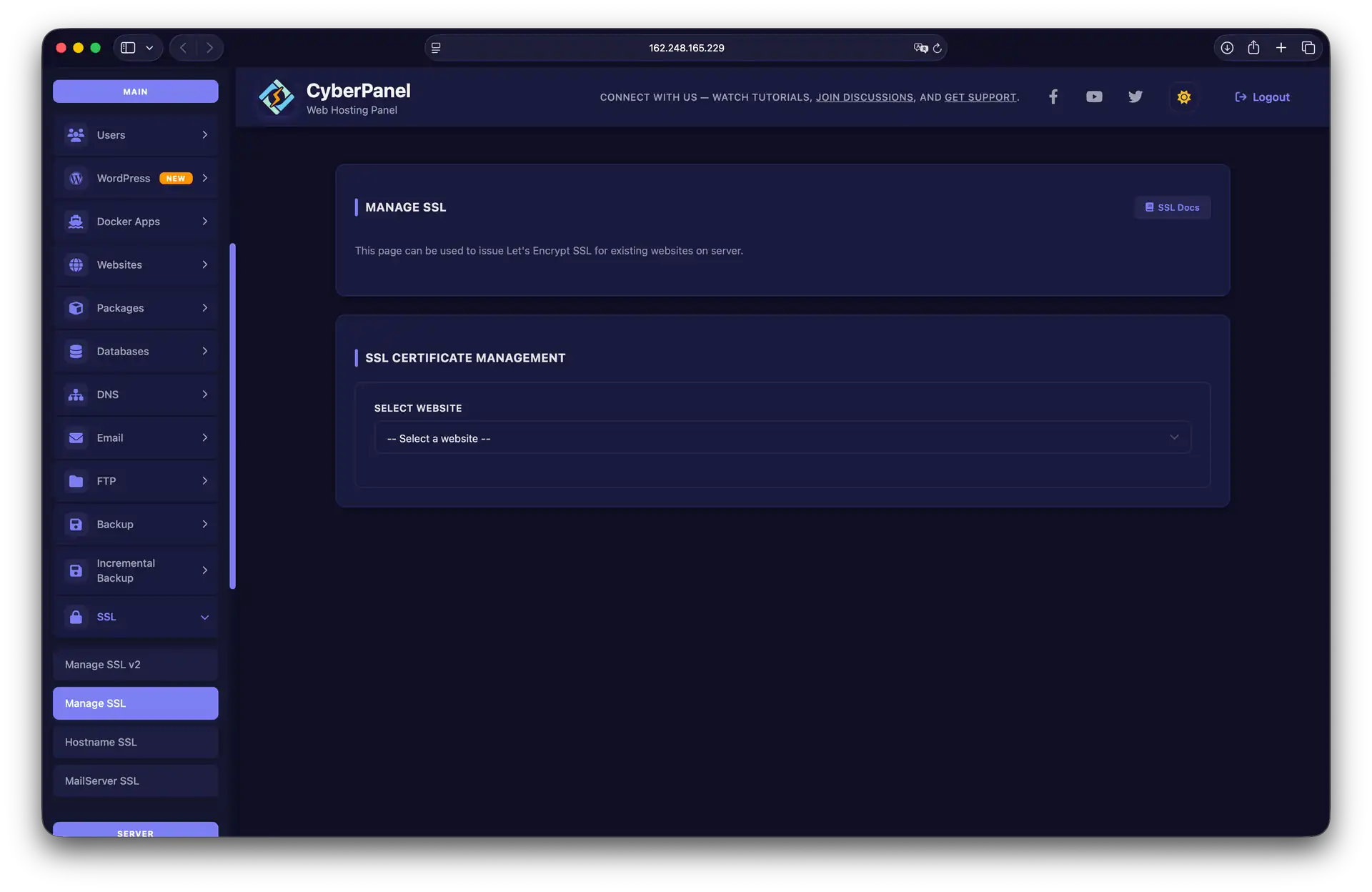Управление SSL в CyberPanel