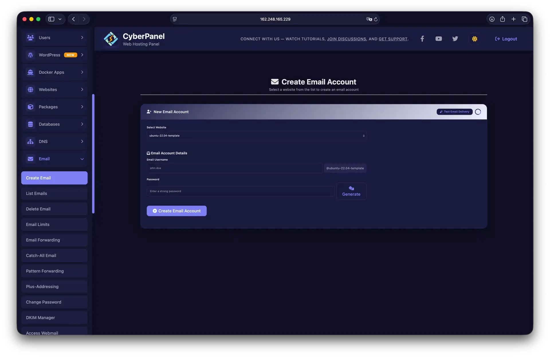 Создание почтового аккаунта в CyberPanel