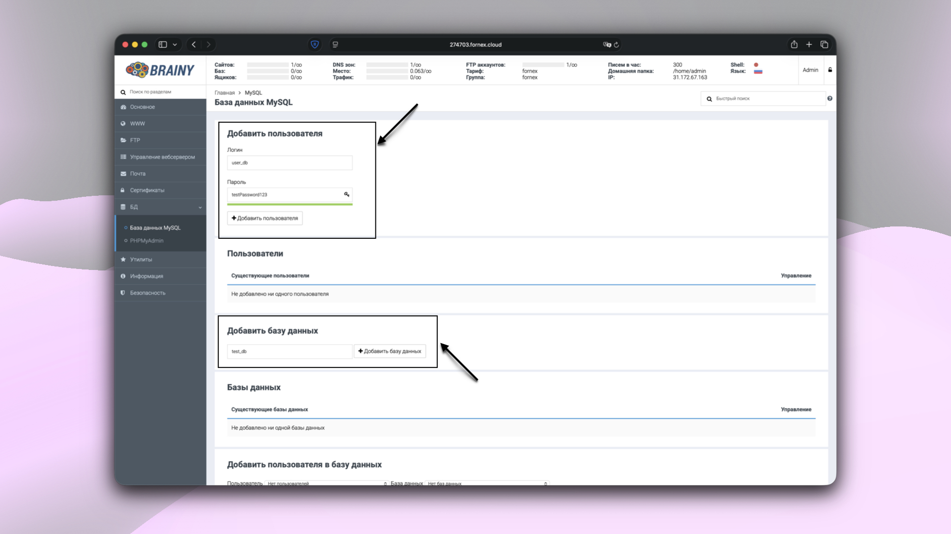 Создание базы данных и пользователя в BrainyCP