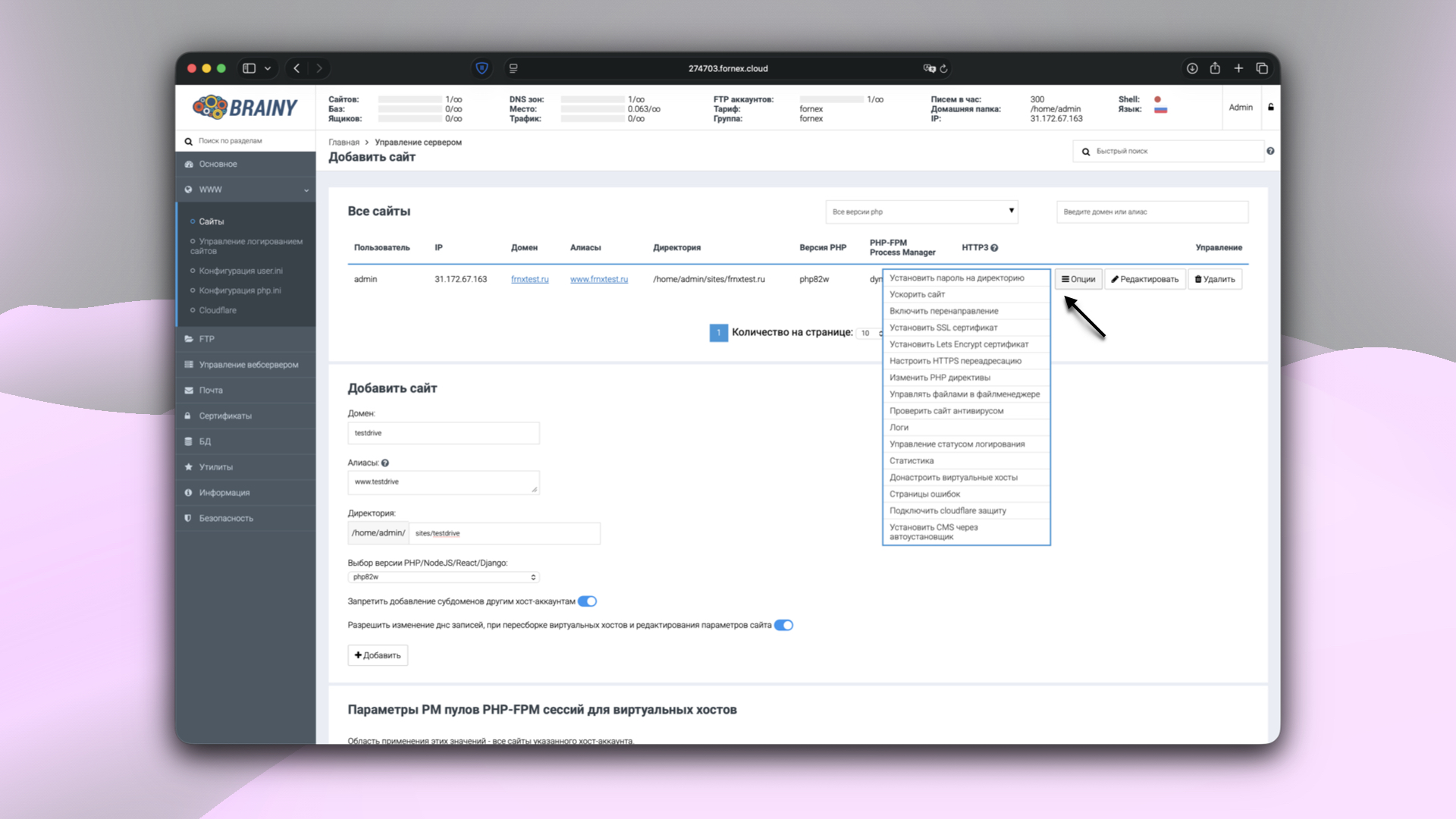 Опции сайта в BrainyCP