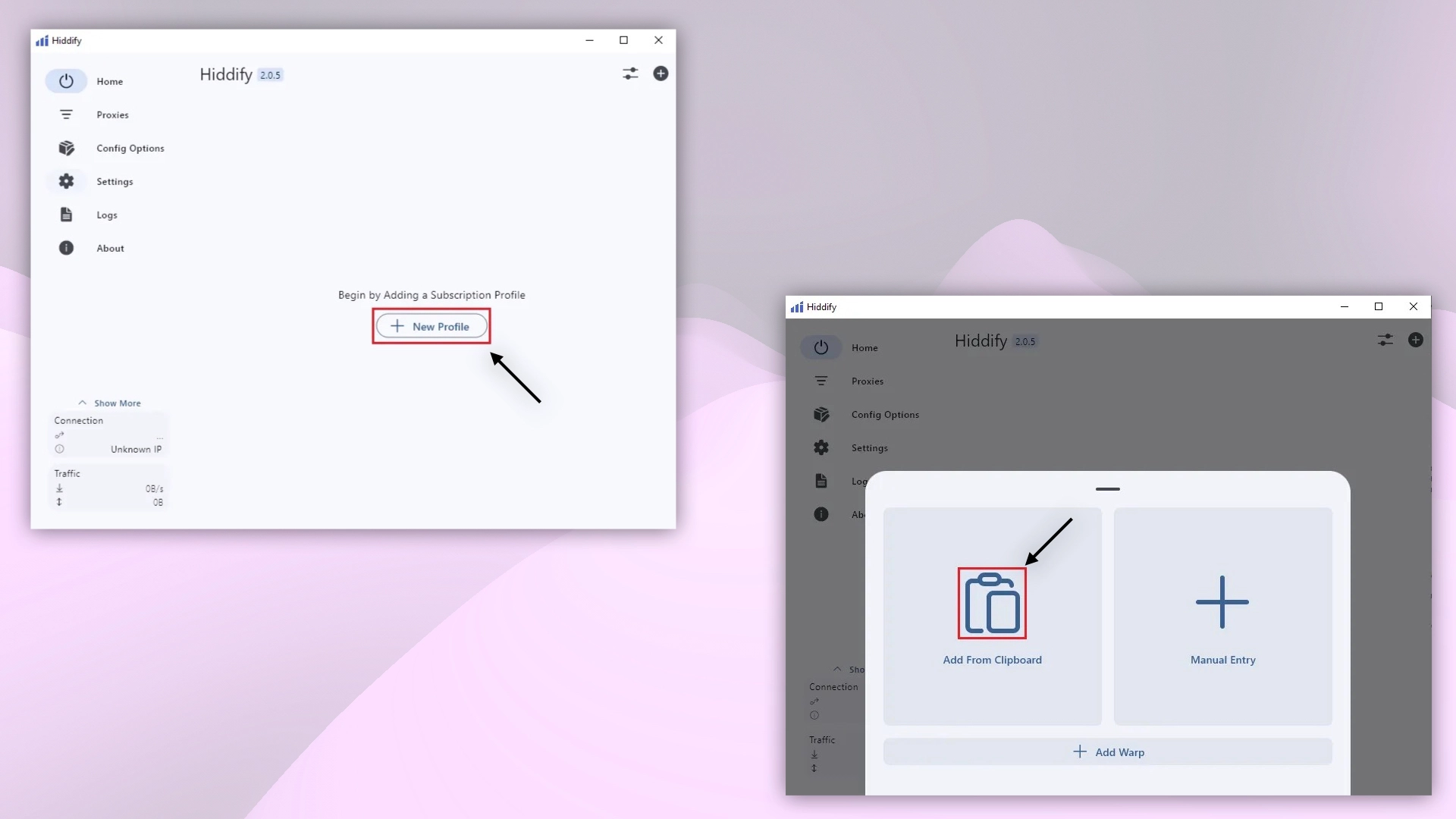 Вставка конфигурации VPN из буфера в Hiddify