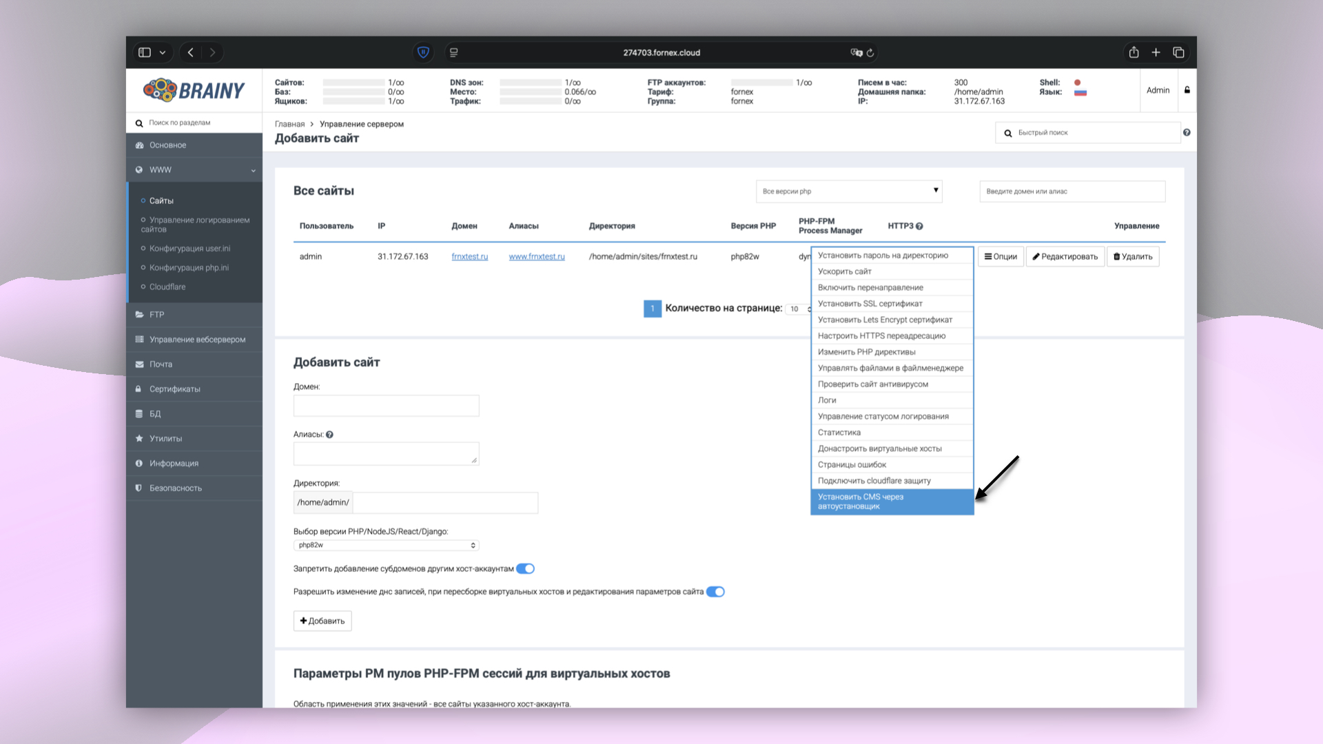 Опции установки CMS в BrainyCP