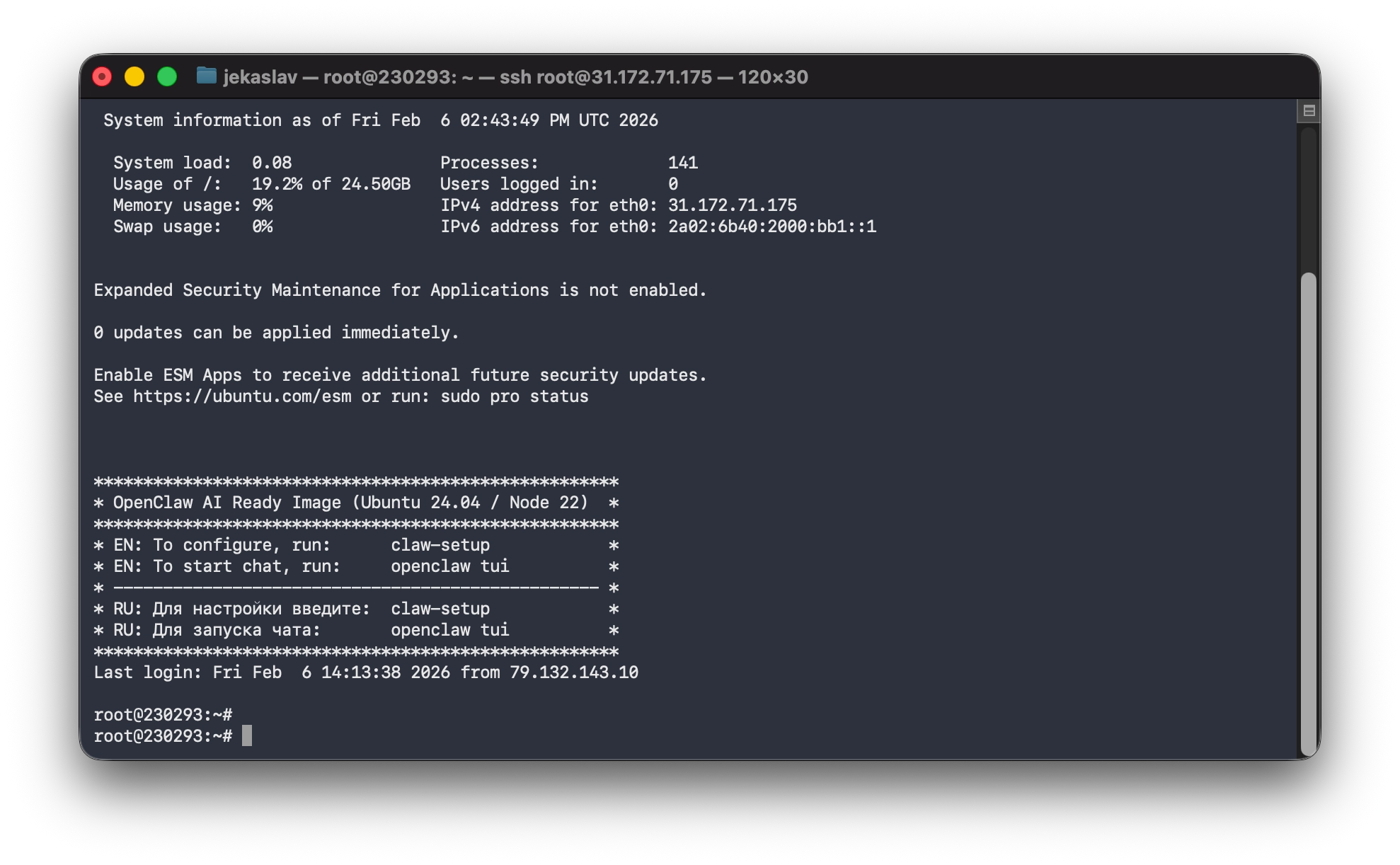 Главное меню OpenClaw AI Ready Image
