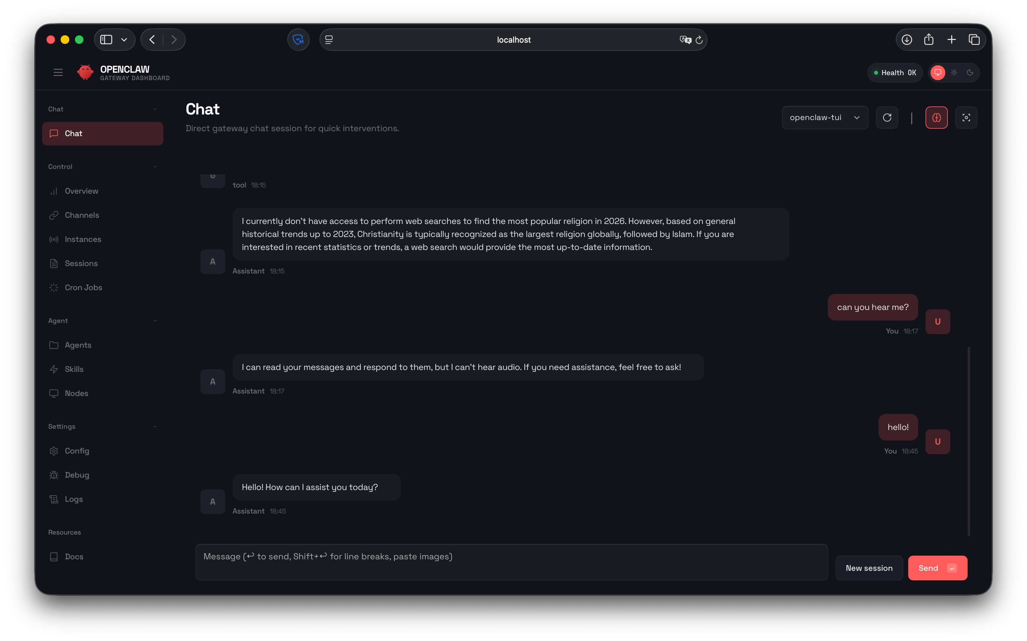 Веб-интерфейс OpenClaw в браузере