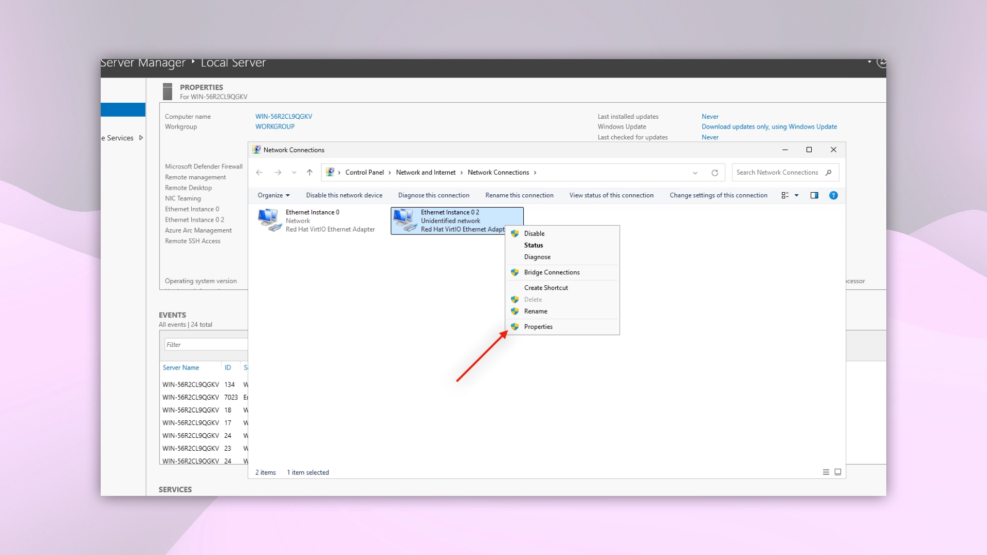 Выбор подключение в разделе Network Connections