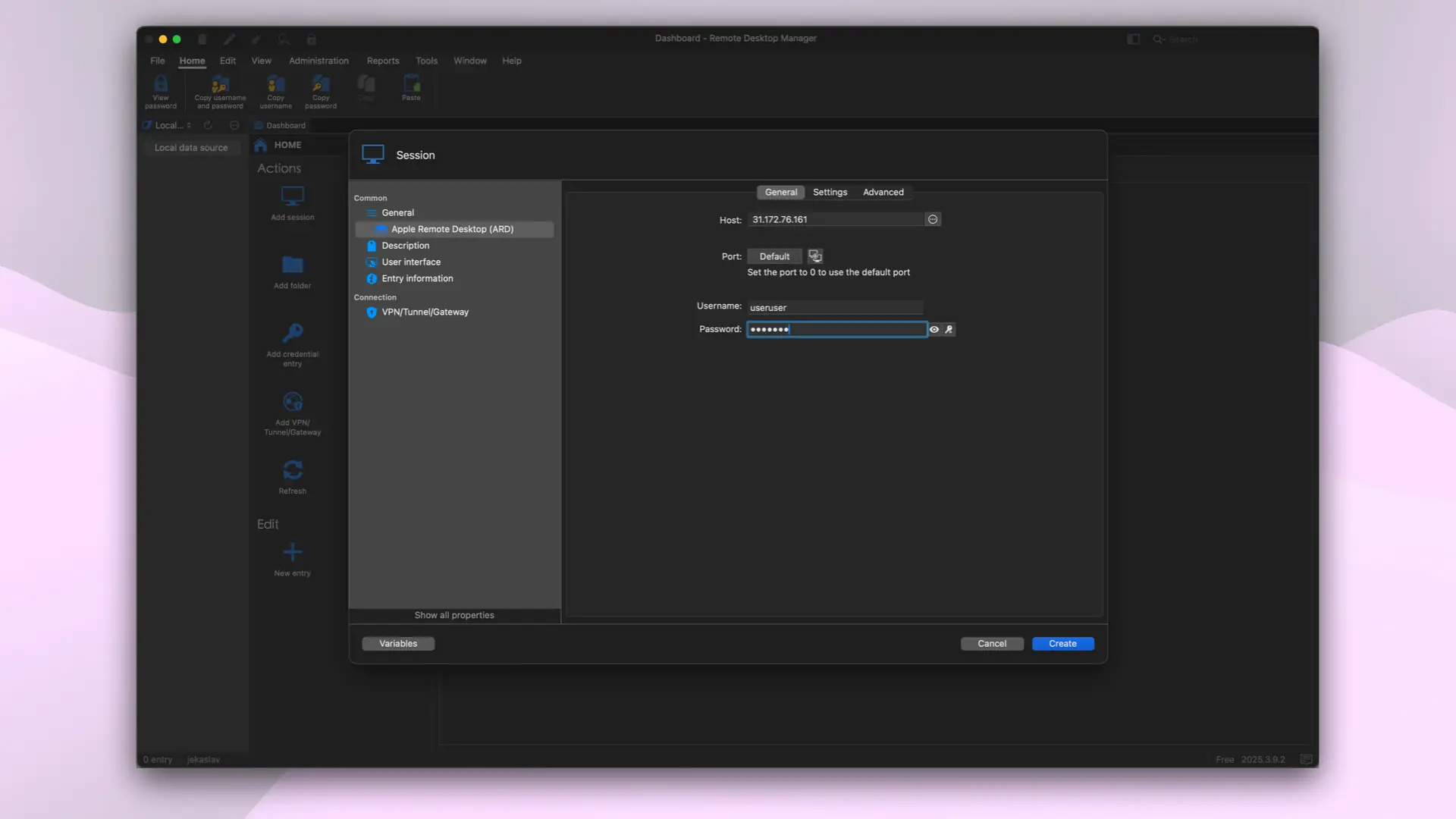 Creating a session in Remote Desktop Manager