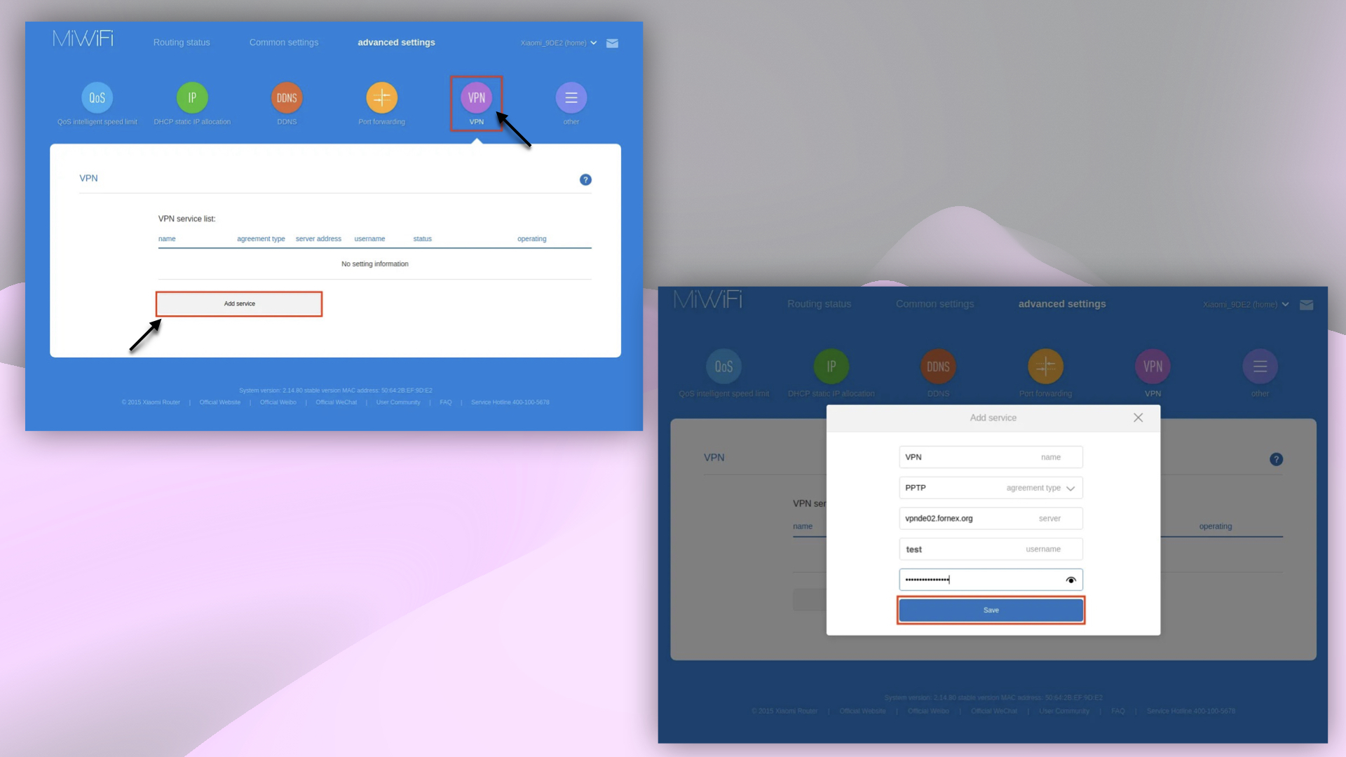 Заполнение данных роутера для подключения VPN