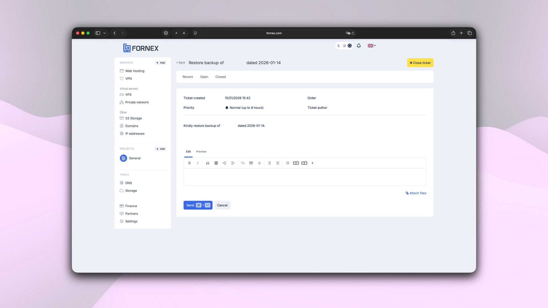 Example of a backup restoration ticket