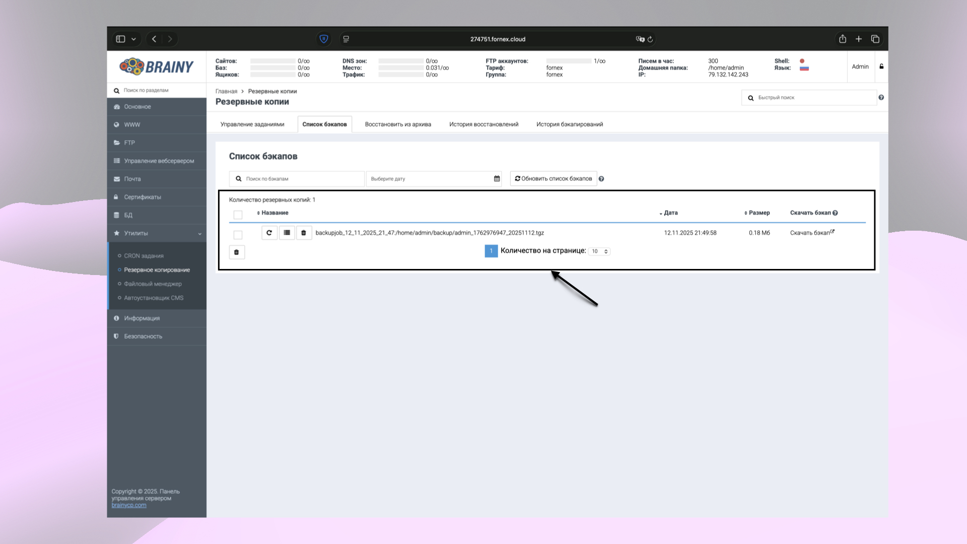 Список архивов резервных копий бэкапов в BrainyCP