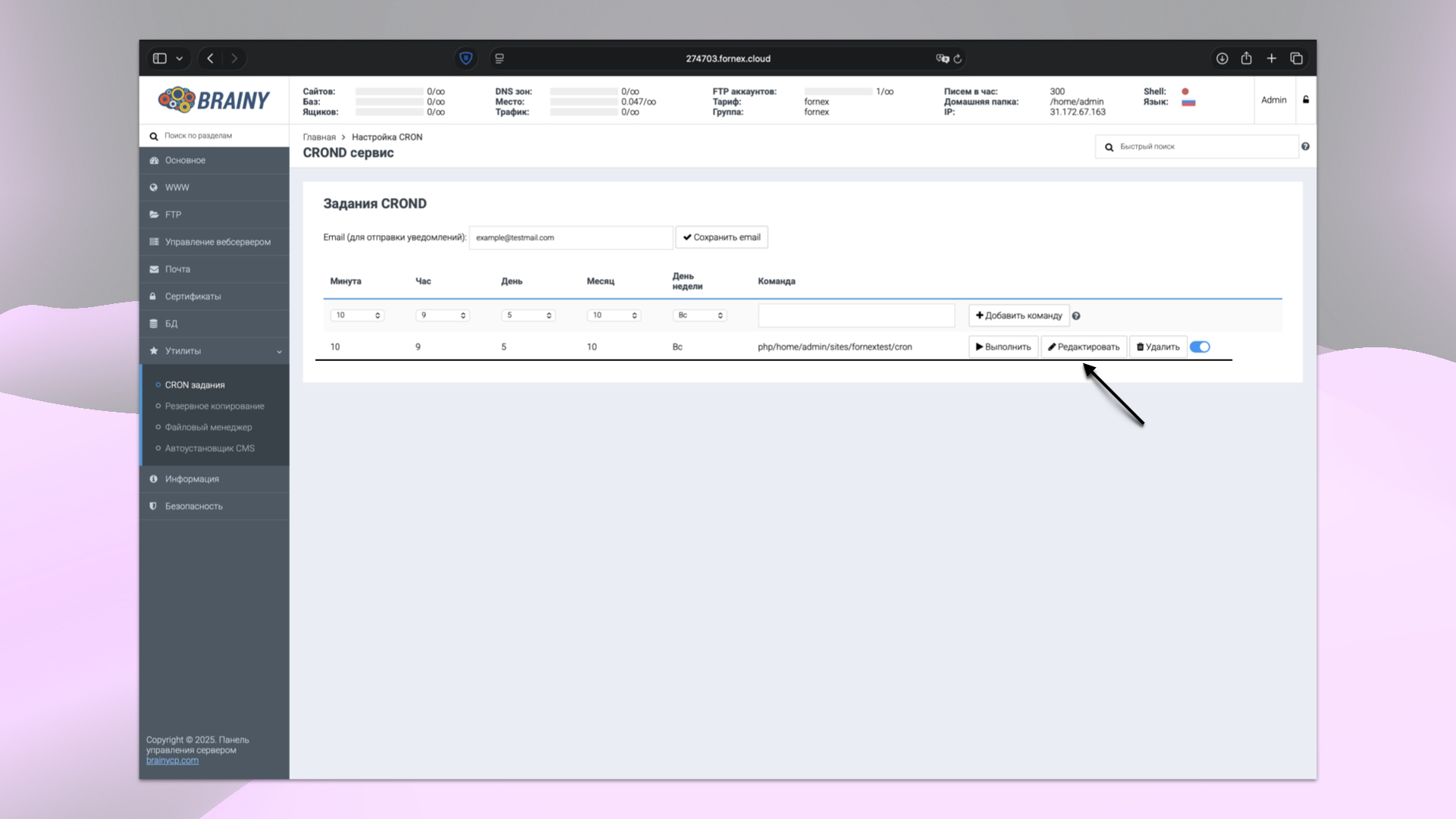 Список cron заданий в BrainyCP