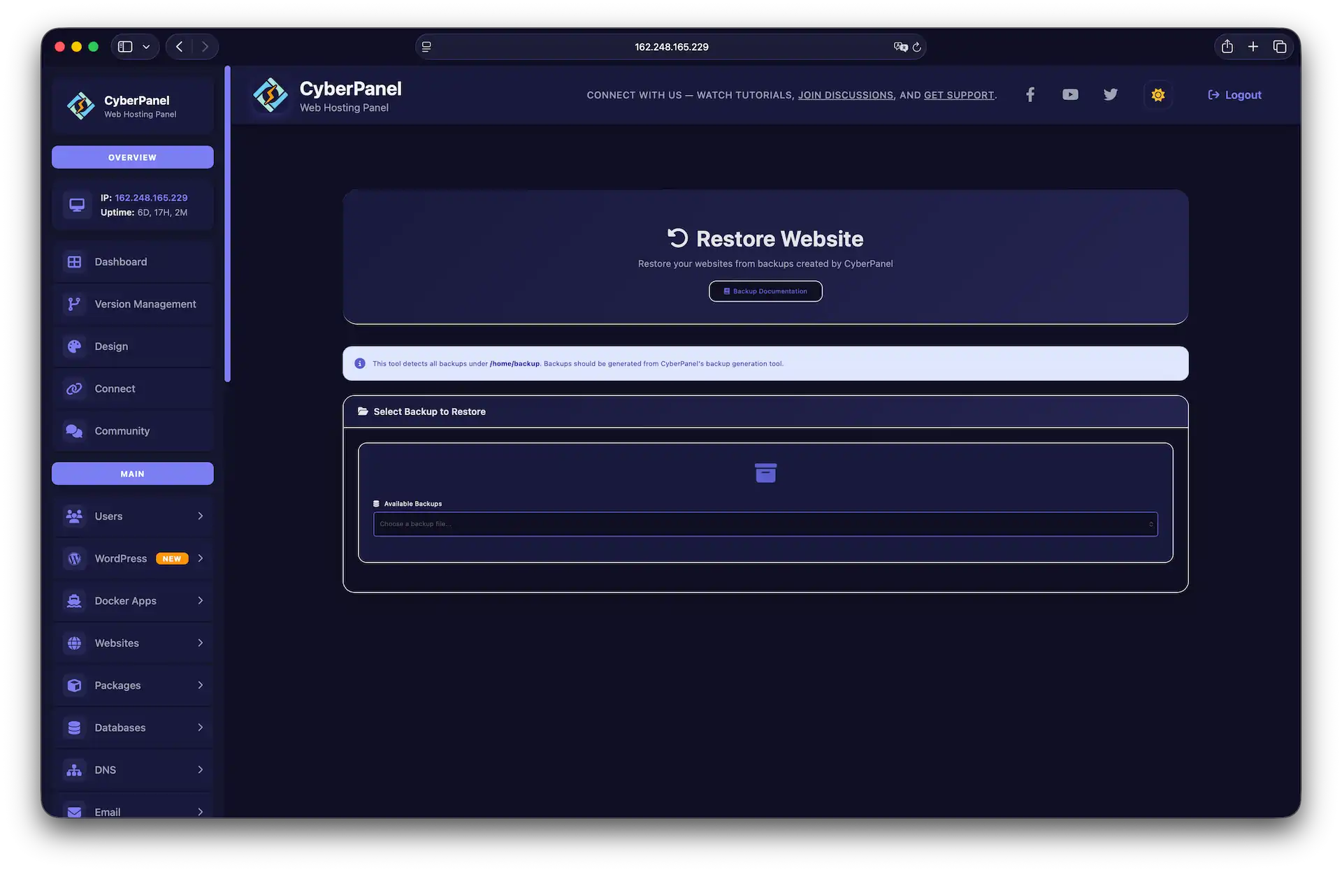 Восстановление сайта из копии бэкапа в CyberPanel