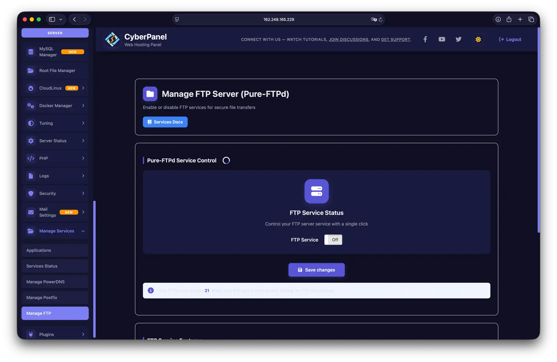 Управление сервисом Pure-FTPd