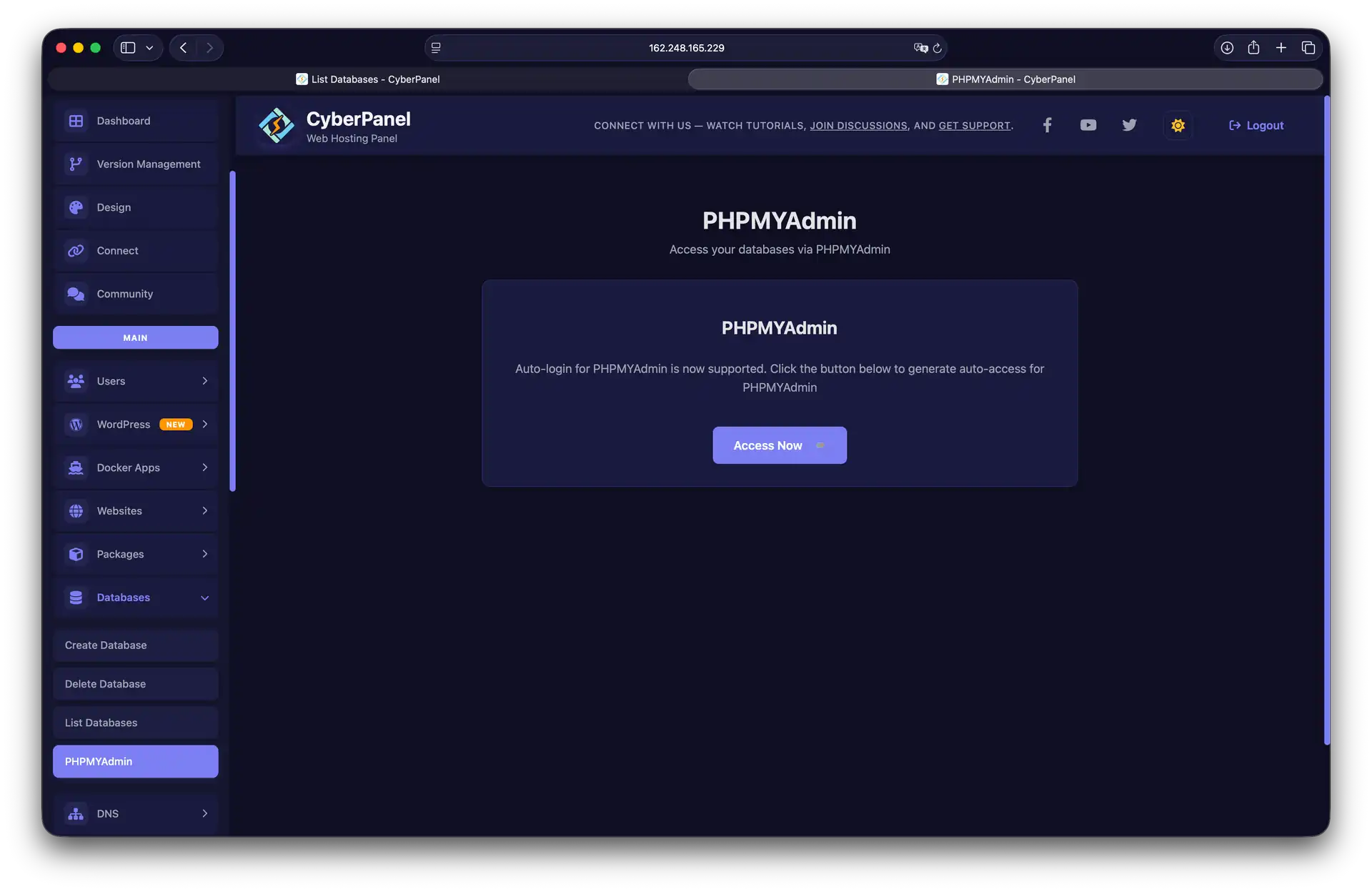 Переход в интерфейс phpMyAdmin в CyberPanel