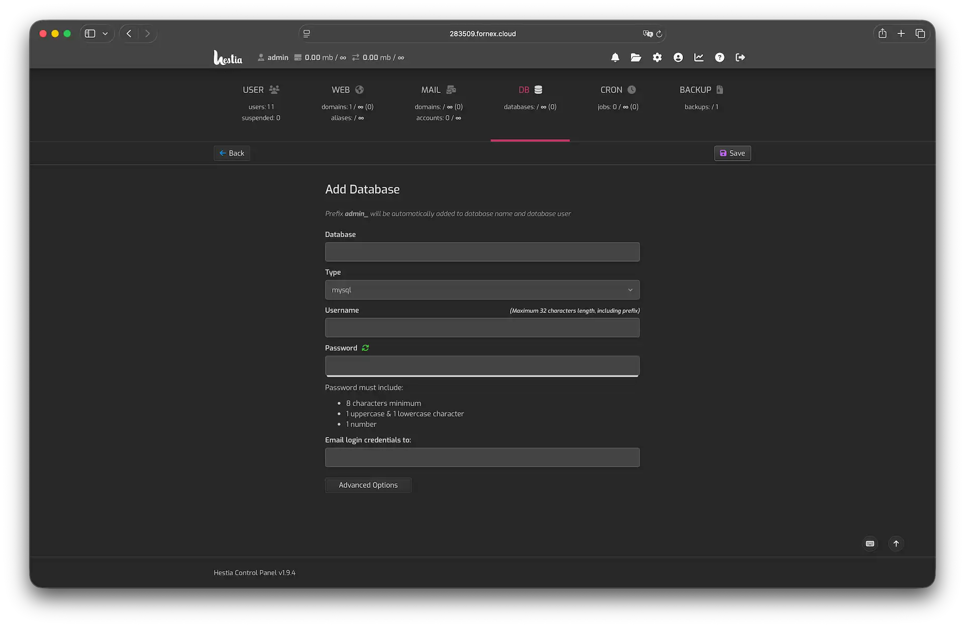 Создание базы данных в Hestia