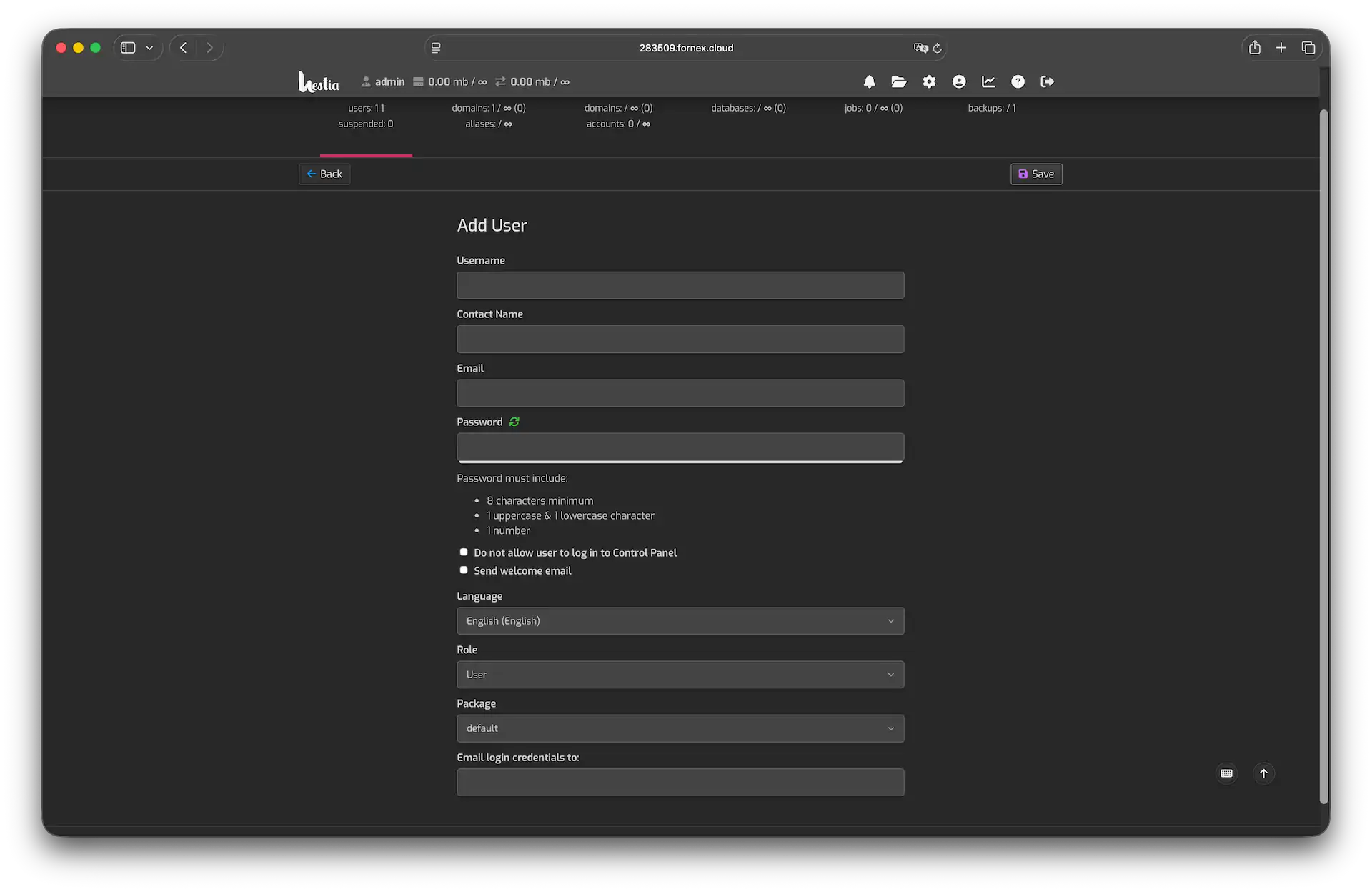 Создание пользователя в Hestia