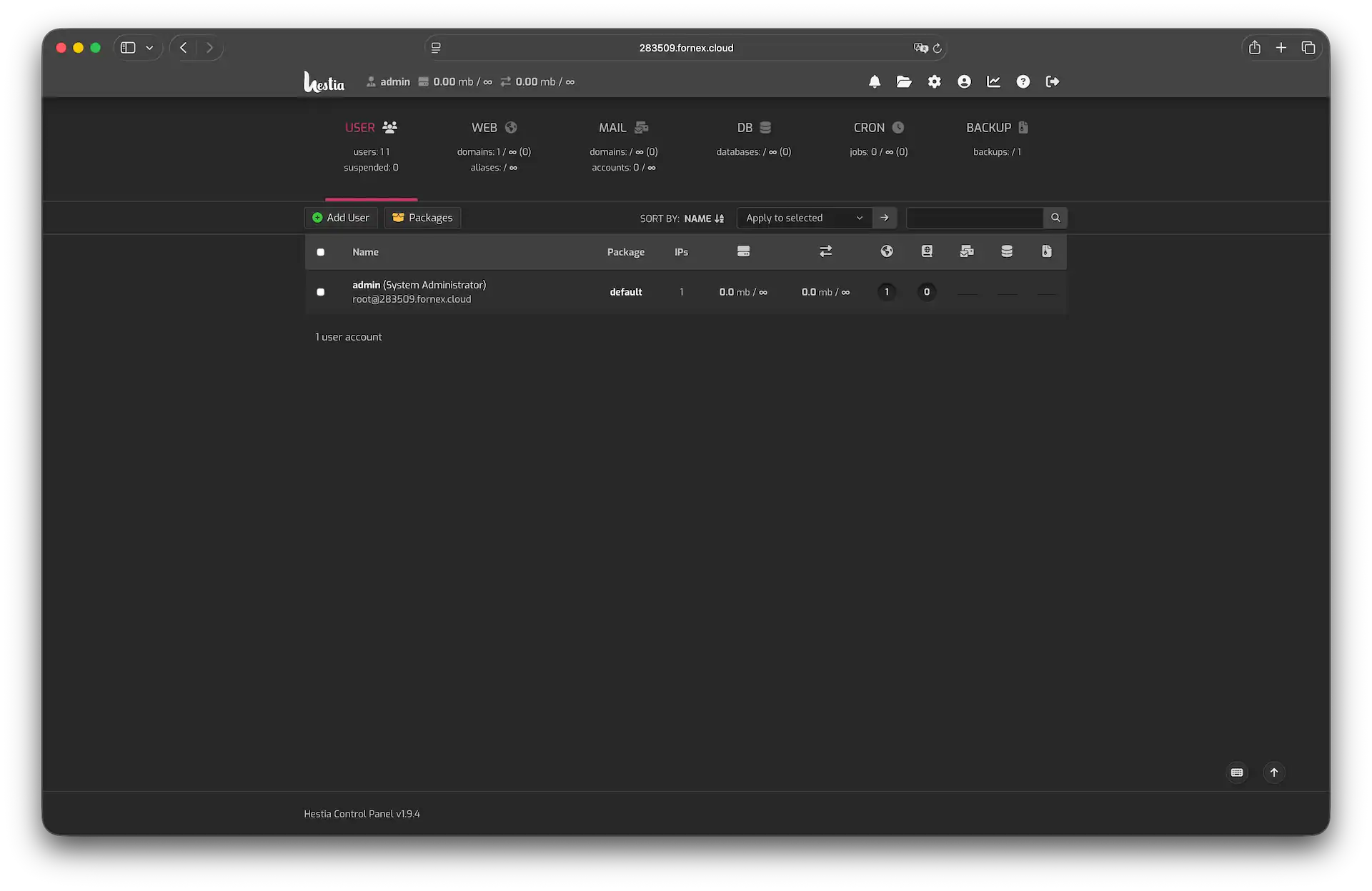 Панель управления Hestia