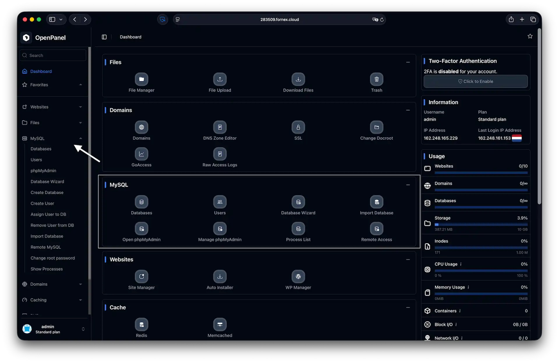 Работа с базами данных в OpenPanel