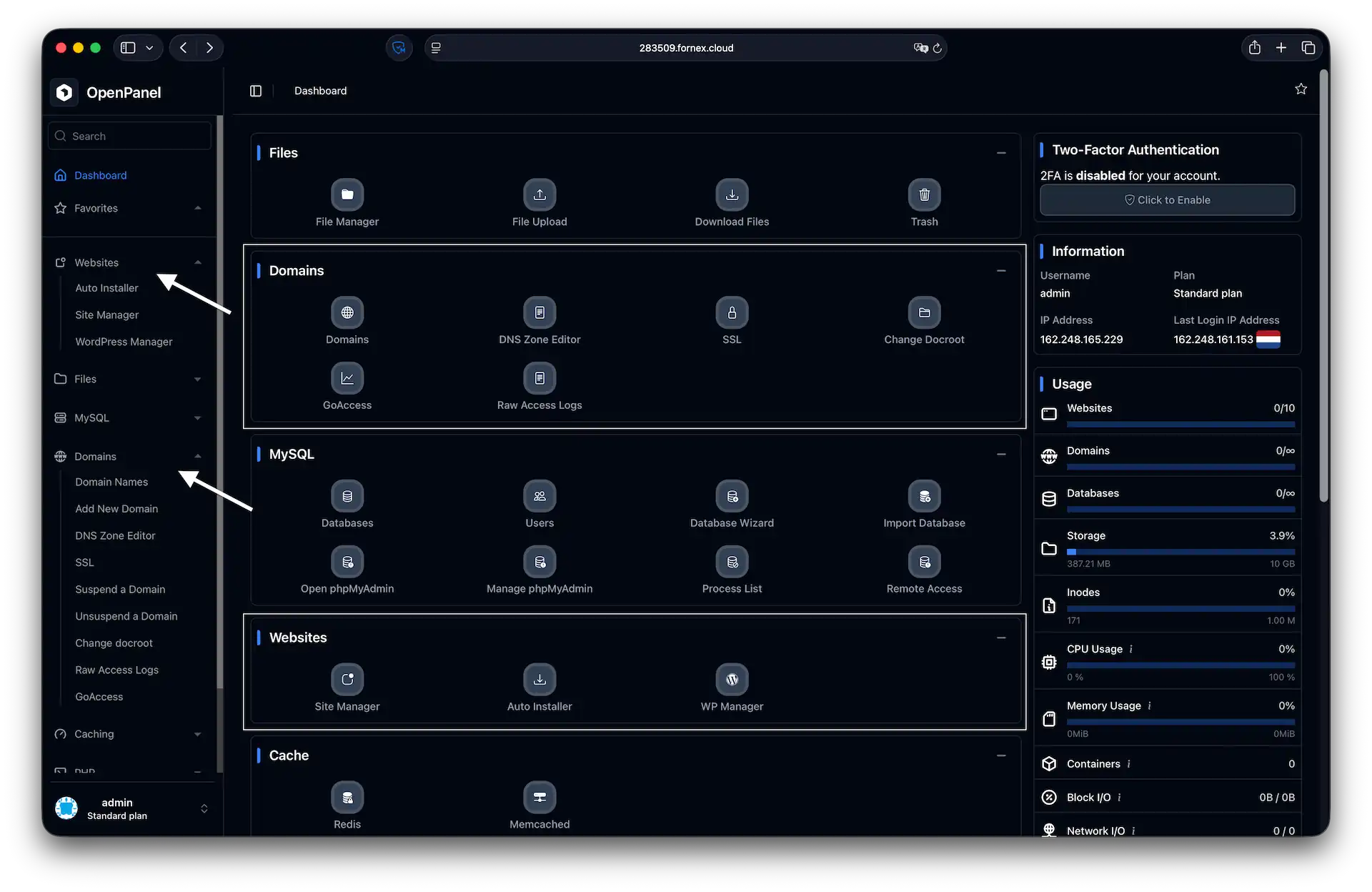Управление доменами и сайтами в OpenPanel