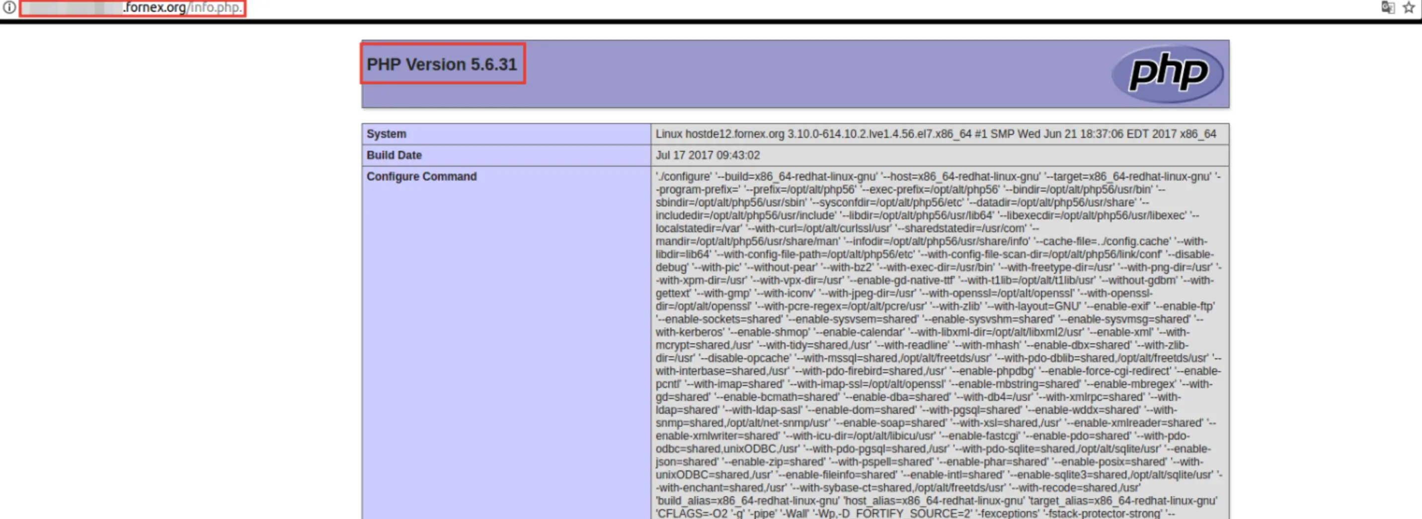 Страница с информацией о версии PHP