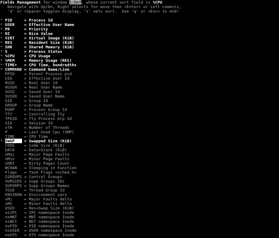 Меню выбора полей в top